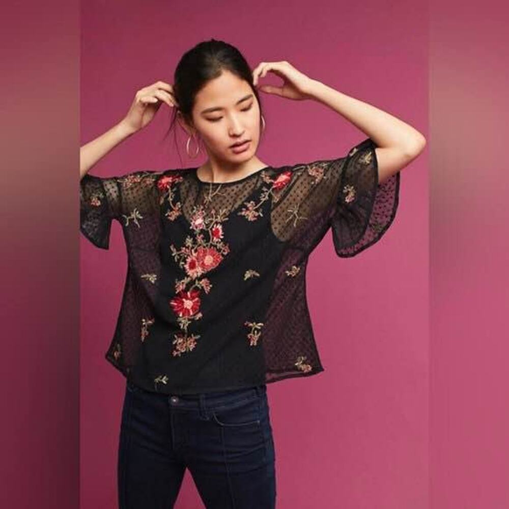 Anthropologie Maeve Women’s Large Black Embroidered Cadiz Swiss Dot Blouse Top